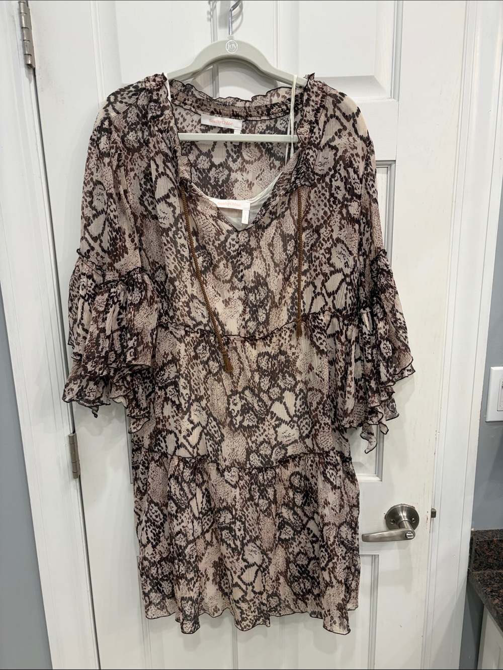 See By Chloe Brown Snake-Print Ruffle Sleeve Mini Dress
